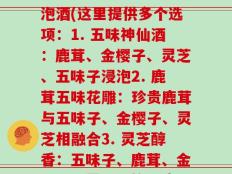 五味子鹿茸金樱子灵芝泡酒(这里提供多个选项：1. 五味神仙酒：鹿茸、金樱子、灵芝、五味子浸泡2. 鹿茸五味花雕：珍贵鹿茸与五味子、金樱子、灵芝相融合3. 灵芝醇香：五味子、鹿茸、金樱子、灵芝共饮一壶)